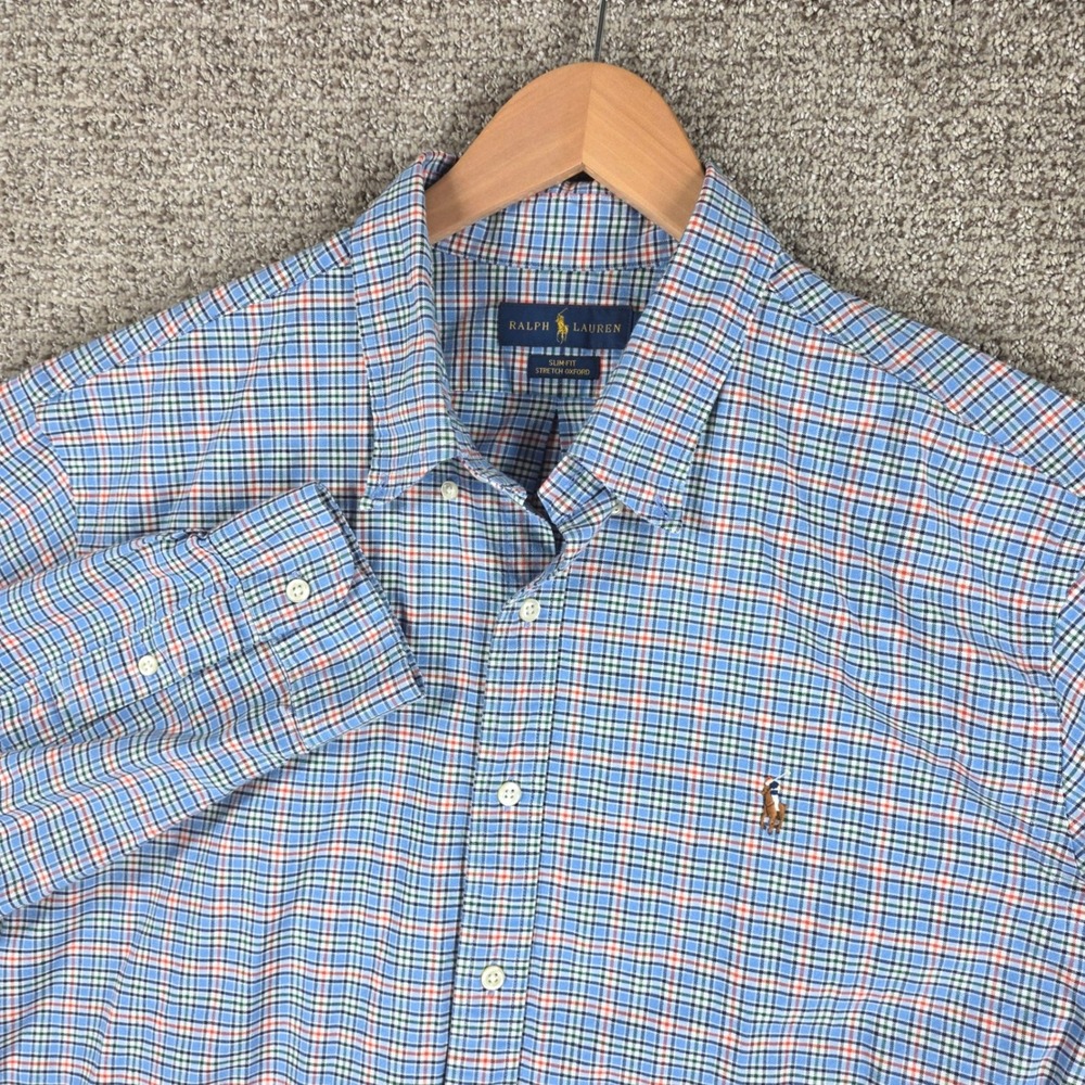 Ralph Lauren Slim Fit Stretch Oxford Shirt XXL Blue Plaid Button Up Flesh Pony